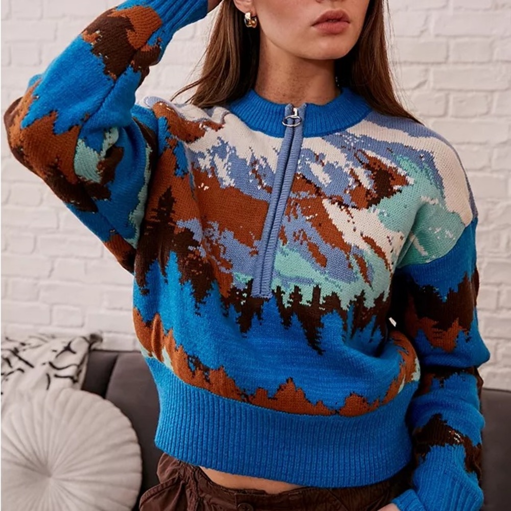 Urban Outfitters BDG Jesse Half-Zip Retro Mountain Sweater Blue/Brown US Small